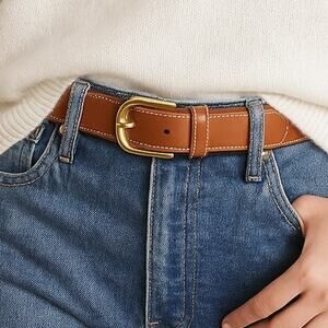 Talbots Women's SZ XS 1 1/4" Saddle Colored Leather Belt White Stitching Brass